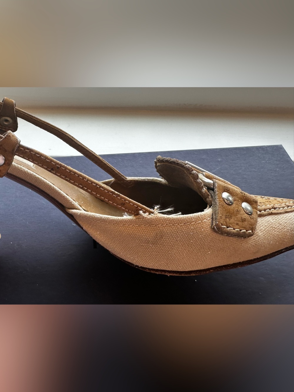 Vintage Prada Beige Canvas Pointed Toe Buckle Slingback Heels - Picture 7 of 16